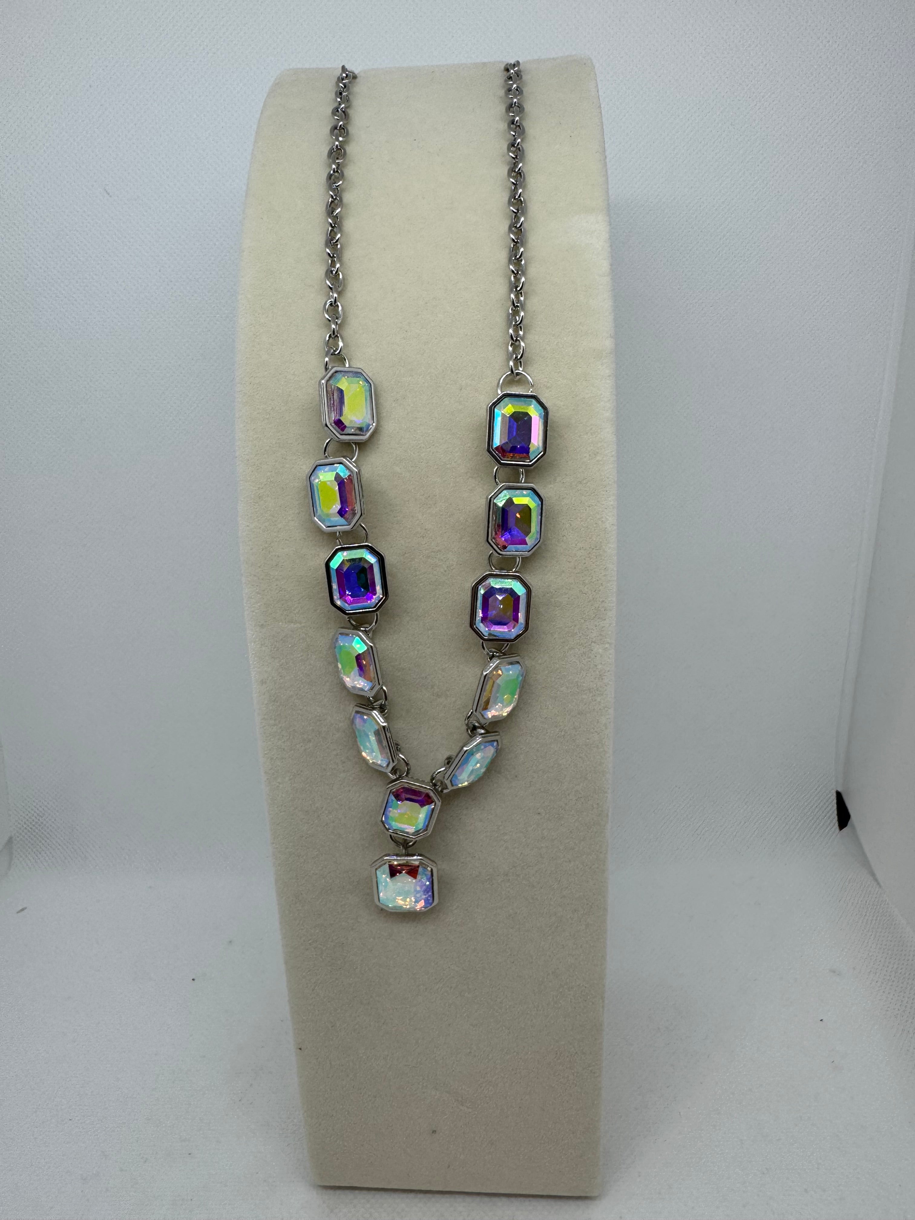 Necklace, Oil spilled stones, 18 inch silver chain