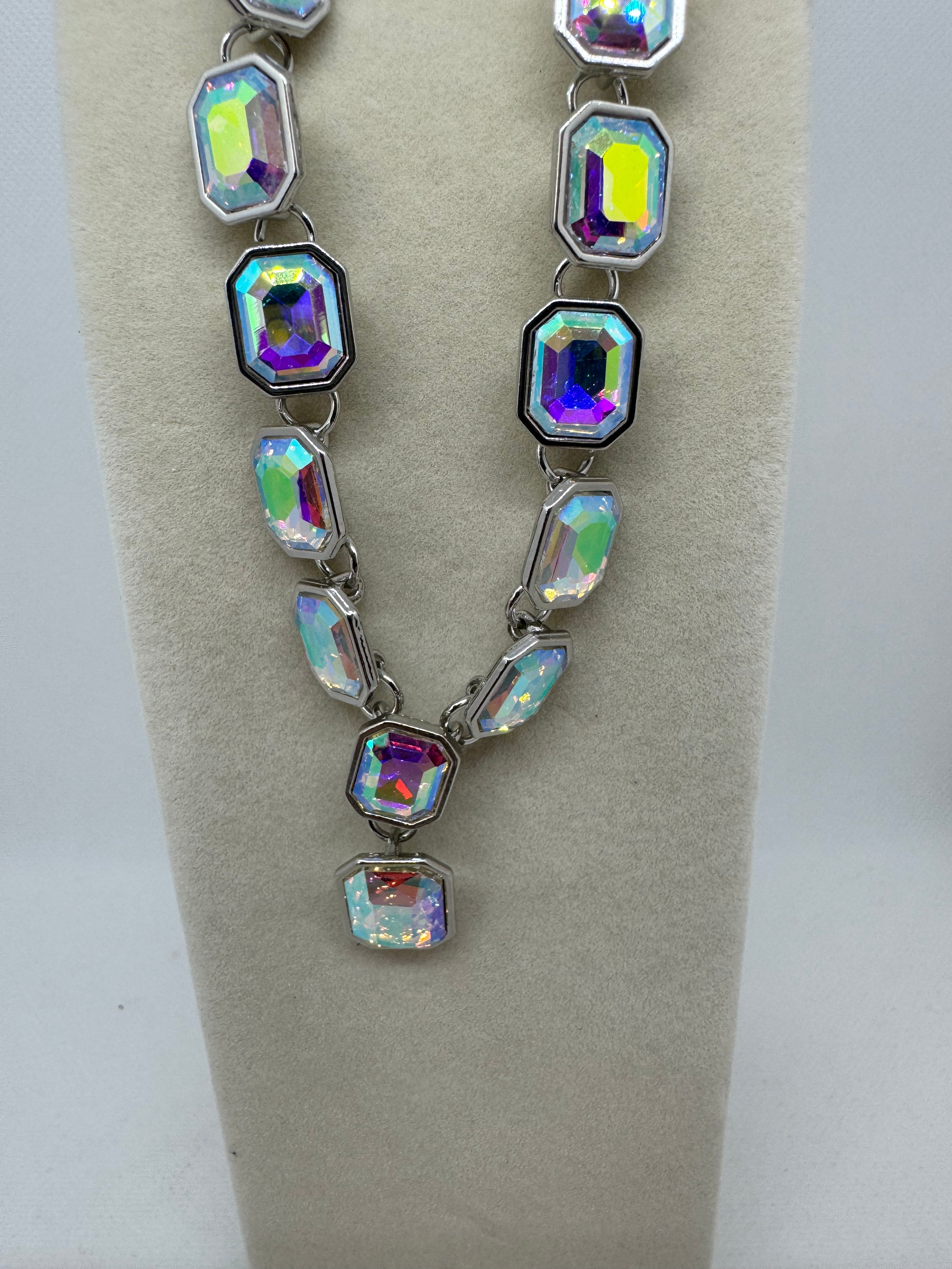 Necklace, Oil spilled stones, 18 inch silver chain