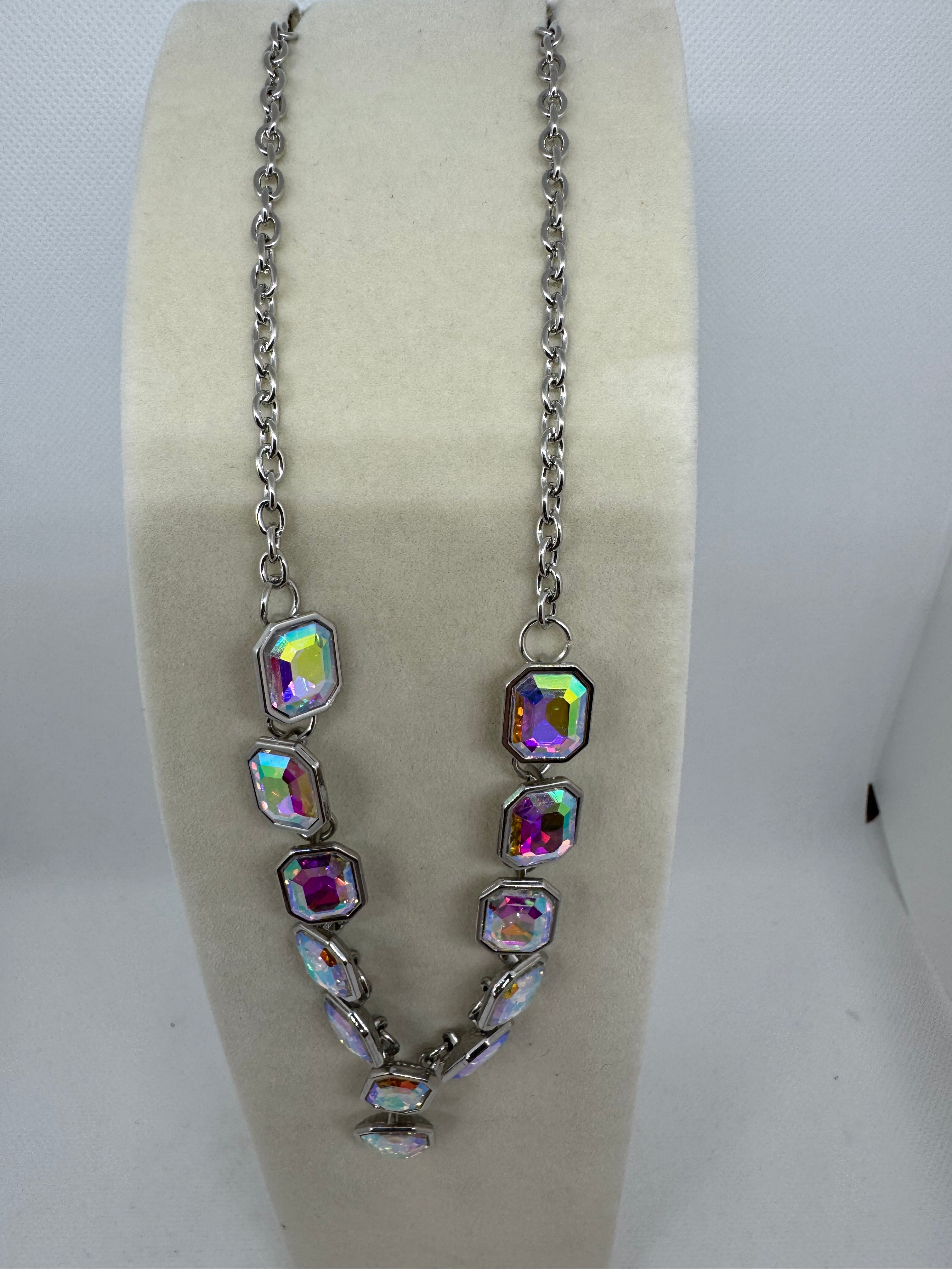 Necklace, Oil spilled stones, 18 inch silver chain